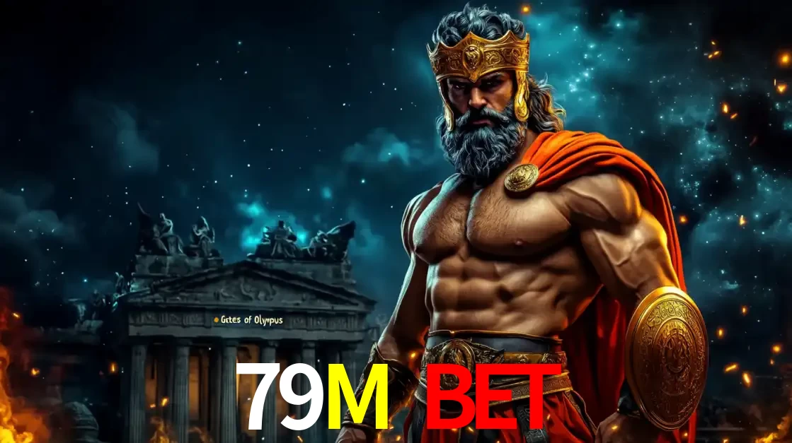 O poderoso Zeus do jogo de slot Gates of Olympus em frente ao seu templo, pronto para lançar multiplicadores divinos e prêmios épicos no cassino online 79M BET.