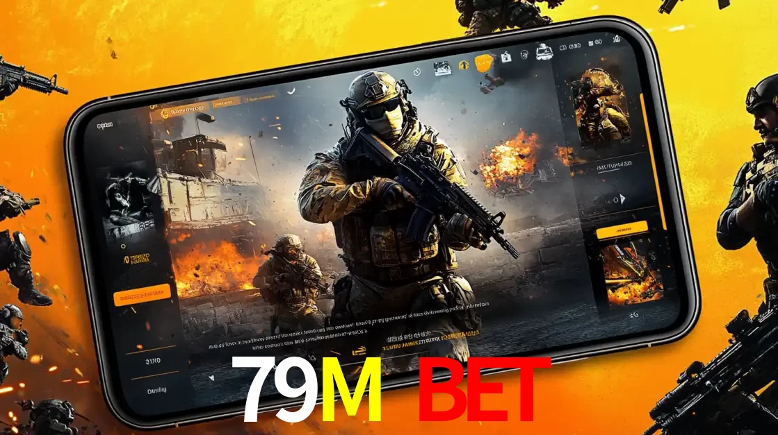 Um smartphone exibindo a interface de um jogo de tiro em primeira pessoa, com um soldado em um cenário de batalha, representando a ação dos e-sports para apostar no 79M BET.