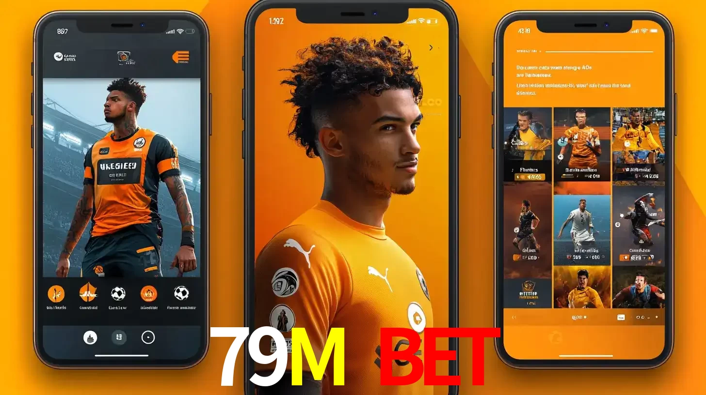 Interface do aplicativo de apostas esportivas 79M BET em três telas de celular, mostrando o perfil de um jogador de futebol e a lista de jogos disponíveis para apostar.