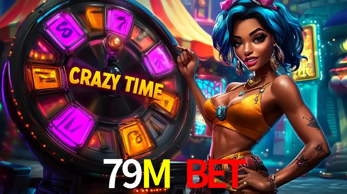 Mulher estilizada com cabelo azul e visual vibrante posando ao lado da roda de prêmios do game show Crazy Time, convidando para a diversão e os bônus do cassino 79M BET.