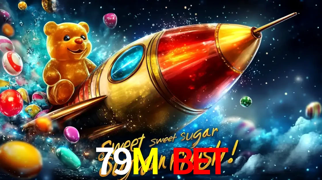 Arte promocional do jogo de slot Sugar Rush, com um urso de pelúcia em um foguete viajando pelo espaço de doces, um dos jogos divertidos disponíveis no cassino 79M BET.