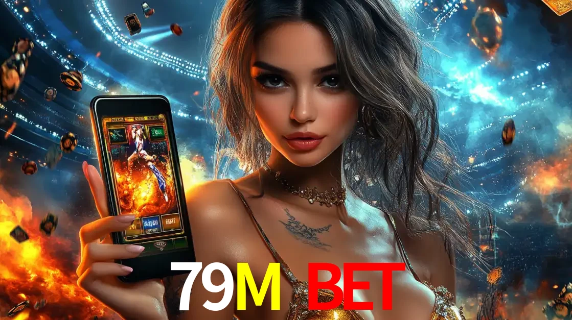 Mulher segurando um celular com um jogo de slot em destaque, tendo como fundo um estádio vibrante, simbolizando a emoção de jogar no cassino móvel 79M BET.