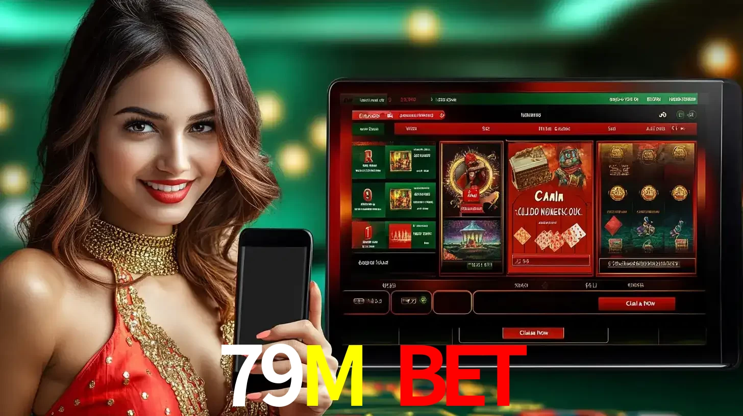 Mulher sorridente segurando um smartphone, ao lado de uma tela exibindo o lobby de jogos do cassino online 79M BET, com várias opções de jogos de cartas e slots.
